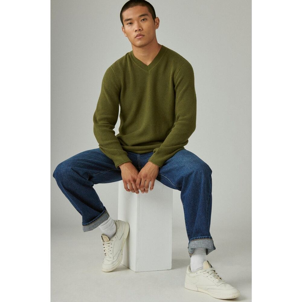 NWT Lucky Brand Men's Cloud Soft V-Neck Sweater Winter Moss Green Ribbed SIze XL